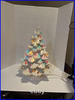 Vintage Lighted White Ceramic Christmas Tree Signed Sitting On Base 18 1/2