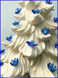 Vintage Lighted White Flocked Christmas Tree Blue Doves Flowers w Red Star 18
