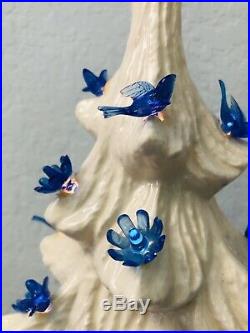 Vintage Lighted White Flocked Christmas Tree Blue Doves Flowers w Red Star 18