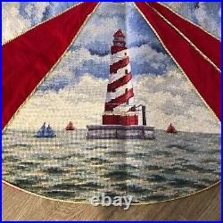 Vintage Lighthouse Nautical Needlepoint Wool Christmas Tree Skirt Multicolor 45