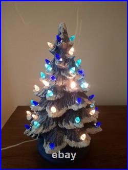Vintage Lit Ceramic Flocked Blue Christmas Tree 14 1970's Unmarked Works Beauty