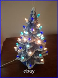 Vintage Lit Ceramic Flocked Blue Christmas Tree 14 1970's Unmarked Works Beauty