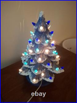 Vintage Lit Ceramic Flocked Blue Christmas Tree 14 1970's Unmarked Works Beauty