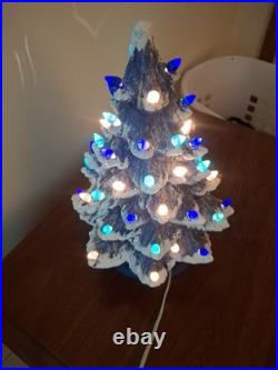 Vintage Lit Ceramic Flocked Blue Christmas Tree 14 1970's Unmarked Works Beauty
