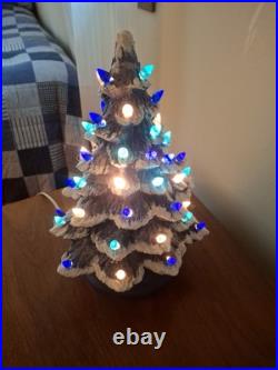 Vintage Lit Ceramic Flocked Blue Christmas Tree 14 1970's Unmarked Works Beauty