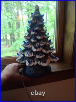 Vintage Lit Ceramic Flocked Blue Christmas Tree 14 1970's Unmarked Works Beauty