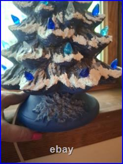 Vintage Lit Ceramic Flocked Blue Christmas Tree 14 1970's Unmarked Works Beauty