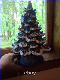 Vintage Lit Ceramic Flocked Blue Christmas Tree 14 1970's Unmarked Works Beauty