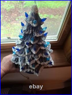 Vintage Lit Ceramic Flocked Blue Christmas Tree 14 1970's Unmarked Works Beauty