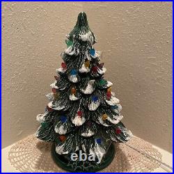 Vintage Lit Ceramic Flocked Green Christmas Tree 13.5 1970's Unmarked Works EUC