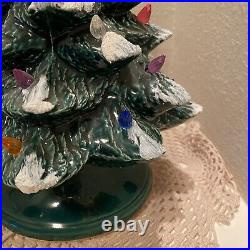 Vintage Lit Ceramic Flocked Green Christmas Tree 13.5 1970's Unmarked Works EUC