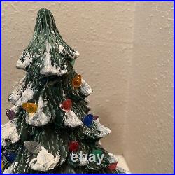 Vintage Lit Ceramic Flocked Green Christmas Tree 13.5 1970's Unmarked Works EUC