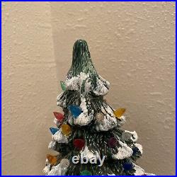 Vintage Lit Ceramic Flocked Green Christmas Tree 13.5 1970's Unmarked Works EUC