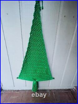 Vintage MCM Green Macrame Christmas Tree Wooden Bead 36 Wall Hanging Life-Size