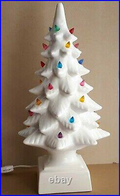 Vintage MCM White Ceramic Christmas Tree & Base Modern Mid Century Flocked