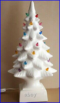 Vintage MCM White Ceramic Christmas Tree & Base Modern Mid Century Flocked