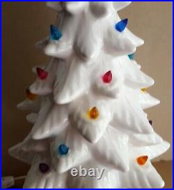 Vintage MCM White Ceramic Christmas Tree & Base Modern Mid Century Flocked