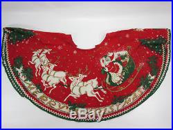 Vintage MERRY CHRISTMAS Tree Skirt Reindeer Santa Sleigh 1950s Felt 32