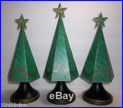 Vintage METAL Florentine Christmas Tree Set Of 3 GREEN GOLD 12 13.5 12