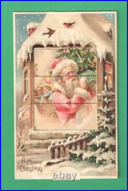 Vintage Mechanical Shutter Christmas Postcard Santa Claus Tree Toys/girl Doll