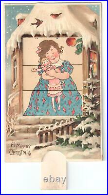 Vintage Mechanical Shutter Christmas Postcard Santa Claus Tree Toys/girl Doll