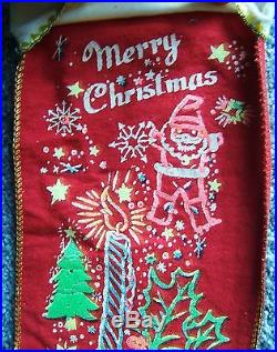 Vintage Merry Christmas Felt Stocking Santa Snowman Trees Candle Gifts 1950s