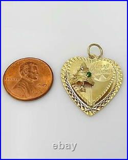 Vintage Merry Christmas Tree Double Heart Pendant In 14k Yellow Gold