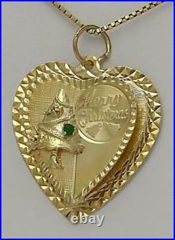 Vintage Merry Christmas Tree Double Heart Pendant In 14k Yellow Gold