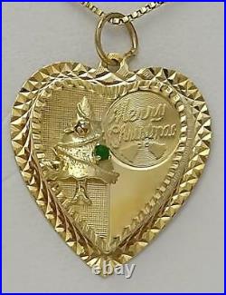 Vintage Merry Christmas Tree Double Heart Pendant In 14k Yellow Gold