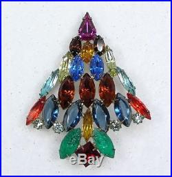 Vintage Mid Century Christmas Tree Pin Brooch Navette Crystal Rhinestone Vtg