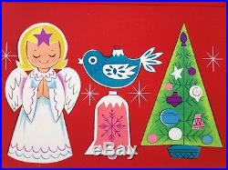 Vintage Mid Century Original Art Christmas Santa Claus Angel Tree Illustration