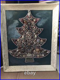 Vintage Mid Century Retro Rhinestone Christmas Tree Art in frame costume Jewelry