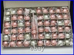 Vintage Miniature Glass Christmas Tree Ornaments Set 56 Balls +Topper Pink White