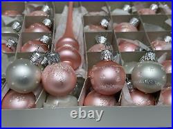 Vintage Miniature Glass Christmas Tree Ornaments Set 56 Balls +Topper Pink White