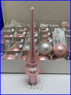 Vintage Miniature Glass Christmas Tree Ornaments Set 56 Balls +Topper Pink White