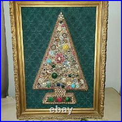 Vintage Mod Rhinestone Jewelry Lighted Christmas Tree Framed Picture 23x17