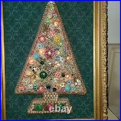 Vintage Mod Rhinestone Jewelry Lighted Christmas Tree Framed Picture 23x17
