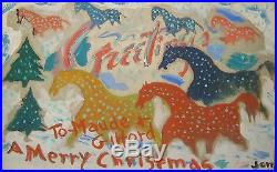 Vintage Modernist Horses & Christmas Trees Painted Card To Maude & Gifford Beal