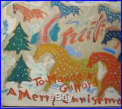 Vintage Modernist Horses & Christmas Trees Painted Card To Maude & Gifford Beal