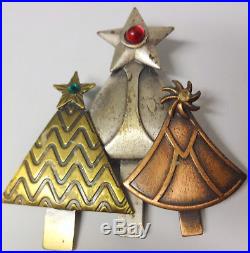 Vintage Modernist Signed KC Rhinestone 3 Tone Christmas Tree Pin Brooch Rare