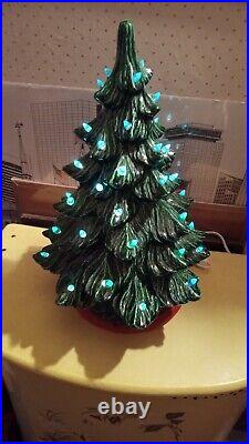 Vintage Molded Ceramic Christmas Tree 17 Tall w Blue Lights w Red Base