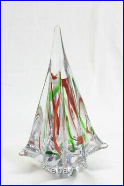 Vintage Murano Art Glass Christmas Tree Red White Green Swirls 7 1/2 Mid Cen