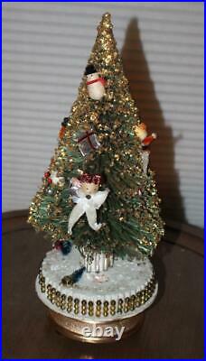 Vintage Musical Bottle Brush Christmas Tree Chenille Figures + Box Jingle Bells