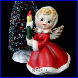 Vintage NAPCO Christmas Angel Girl Figurines w Bottle Brush Tree Lantern & Gifts