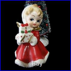 Vintage NAPCO Christmas Angel Girl Figurines w Bottle Brush Tree Lantern & Gifts