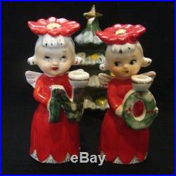 Vintage NOEL Girl Angel Candle Holder Figurines Poinsettia Hat & Christmas Tree