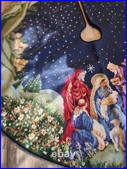 Vintage Nativity Scene Finished Needlepoint Christmas Tree Skirt Approx 40 EUC