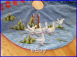 Vintage Needlepoint Christmas Tree Skirt Noel Blue Geese 39 finished