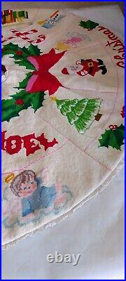 Vintage Needlepoint Christmas Tree Skirt Reversible Joyful Holliday Heavy READ