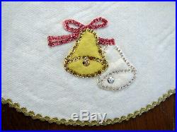 Vintage Oval White Felt Christmas Tablecloth Tree Skirt Pink Gold Net Sequins